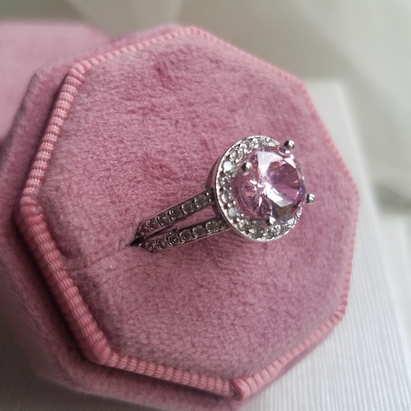 Swarovski Elements 925 Sterling Silver Round Pink Solitaire Halo Ring NEW - Picture 17 of 17